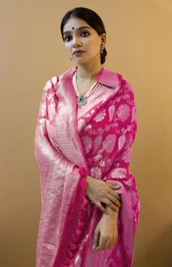 Dark Pink Jacquard Work Saree Indoor